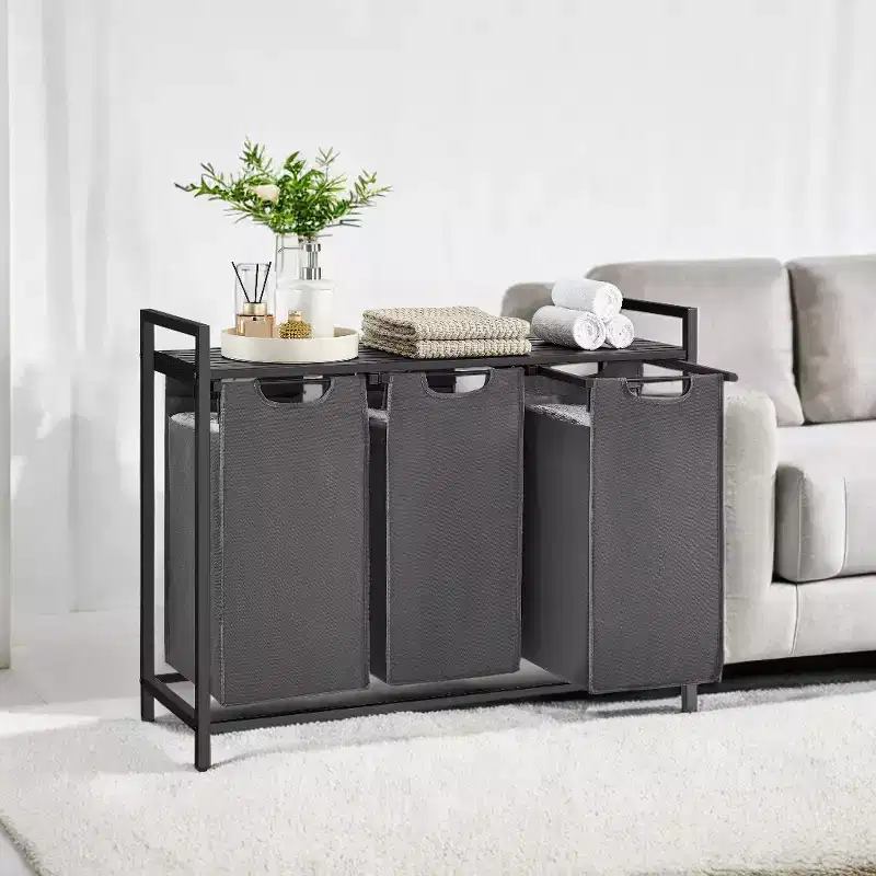 Laundry Hamper, Laundry Basket, Laundry Sorter with 3 Pull-Out and Removable Bags, Shelf, Metal Frame, 3 x 10 Gallons