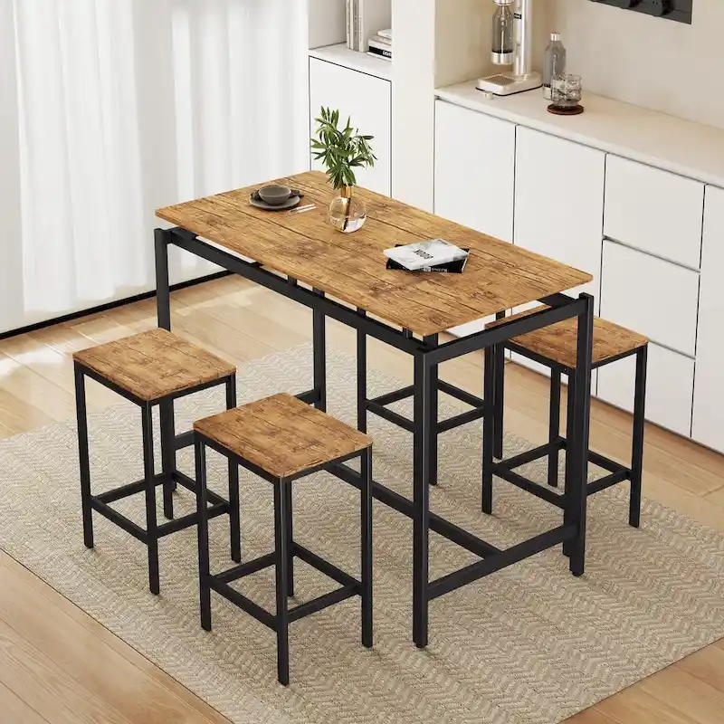 5-Piece Industrial Bar Table Set with Rectangular Table & 4 Chairs