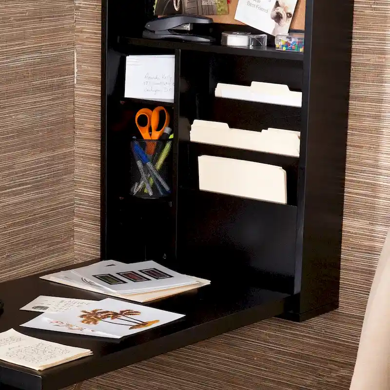 Wall-Mounted Fold-Out Desk with Shelves and Corkboard