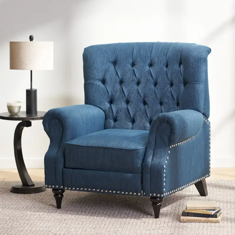 Navy Blue / Cognac Brown / Charcoal Push-Back Recliner, Fabric & Faux Leather, Single Seat