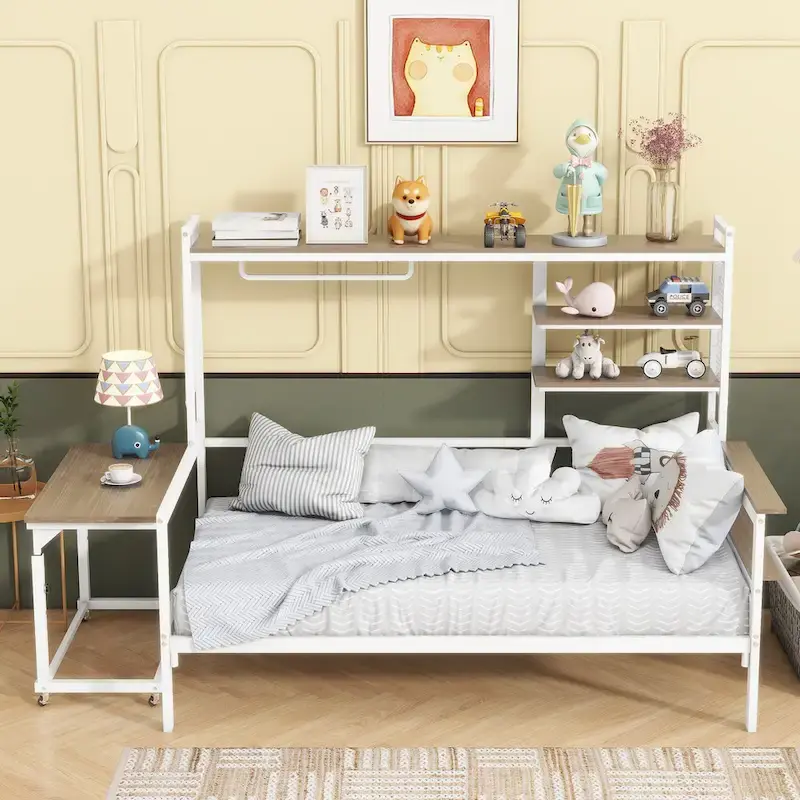 Metal Daybed with Movable Desk, Shelves and Clothes Hanger