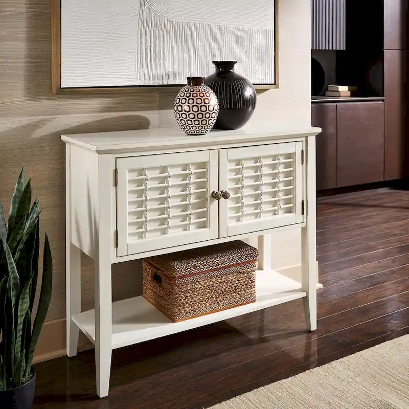 White 2-Door Console Table with Wicker Lattice Doors, Coastal Farmhouse, 42x15x36 in