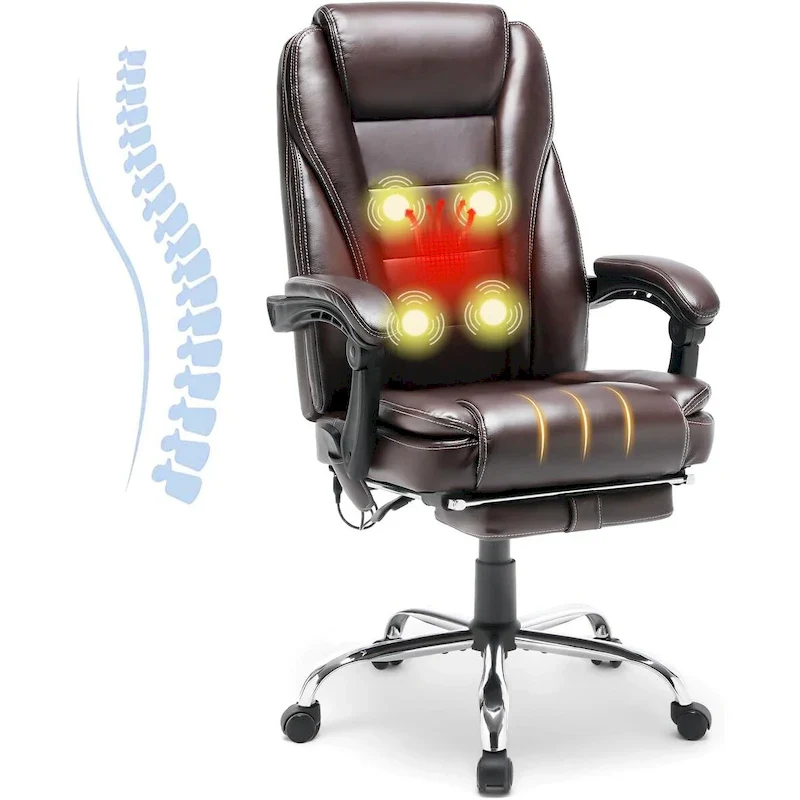 Ergonomic Heated Executive Office Chair with 2/4/6-Point Massage, Retractable Footrest, and PU Leather