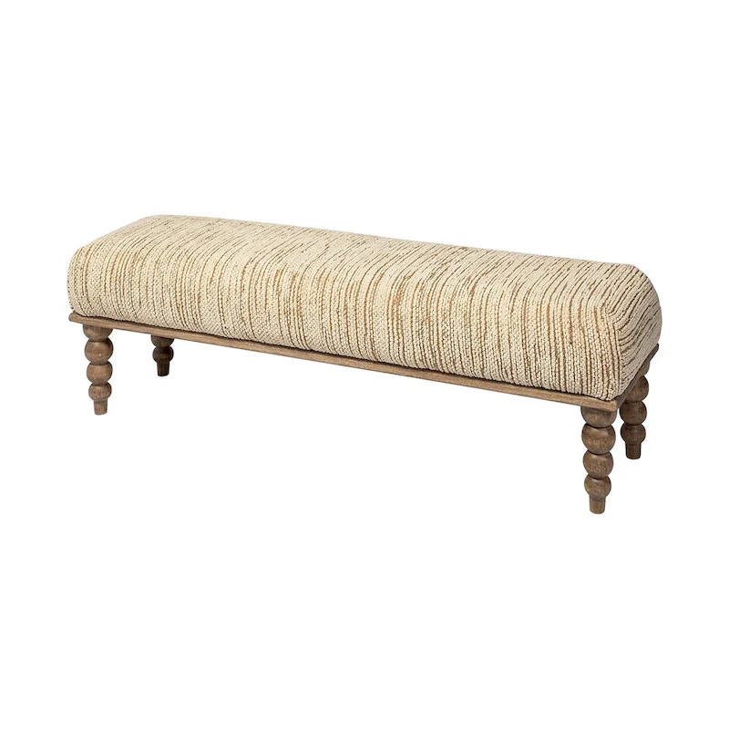 Cream Fabric Upholstered Dining Bench with Mango Wood Legs, Seats 2