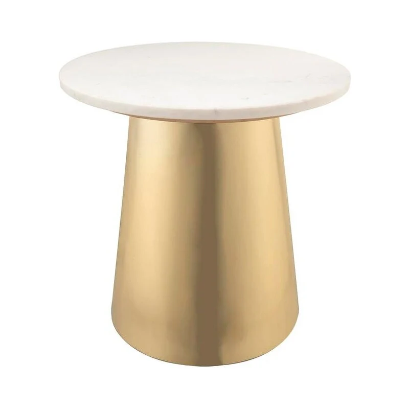 White & Gold Round Marble Top Side Table with Brushed Gold Base – Handmade