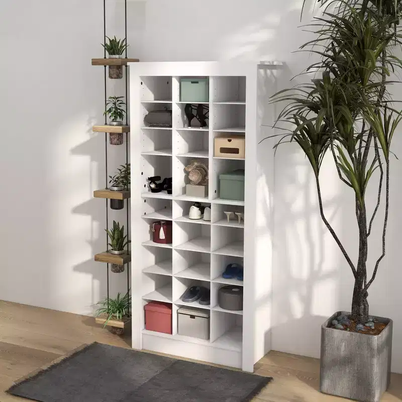 HOMCOM 58 Narrow Shoe Cabinet for Entryway, Tall Shoe Rack Storage Organizer with Adjustable Shelves for 27 Pairs of Shoes for Hallway, White