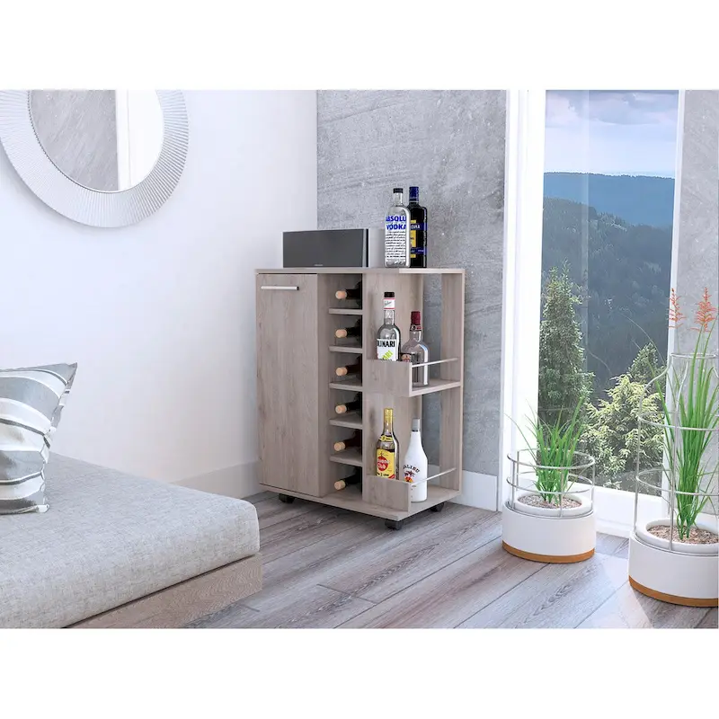 Light Oak / Light Brown / Brown 2-Shelf 6-Bottle Rolling Bar Cart