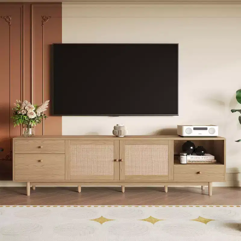 76.6 Inch Rattan TV Stand for 65/75/85 Inches TVs Natural TV Console with Open Storage and Drawers for Living room