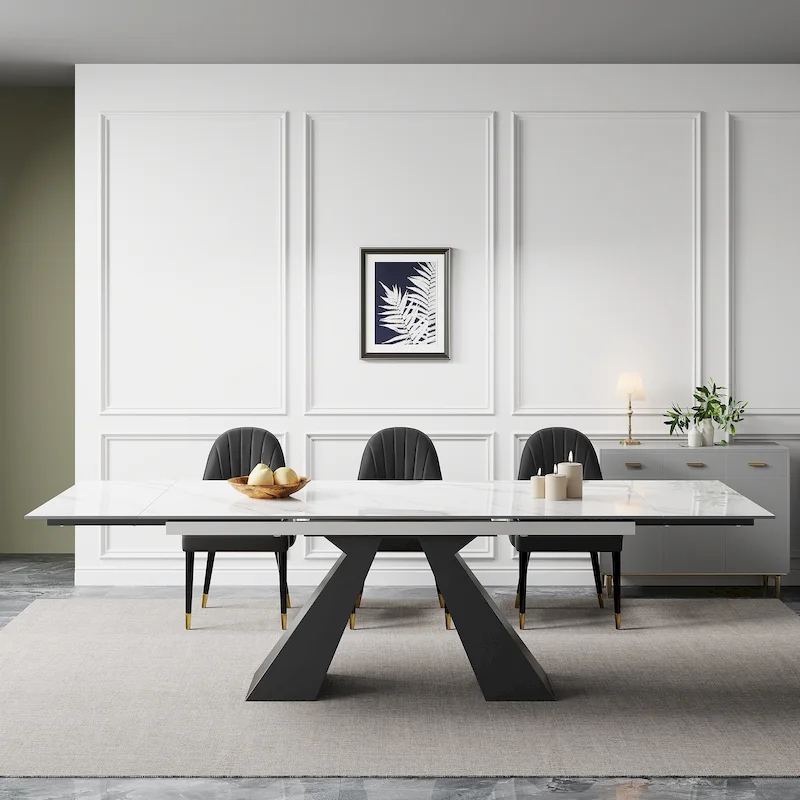 9 - Piece 110.24 Extendable Sintered Stone Dining Table and 8 Leather Chairs Dining Set