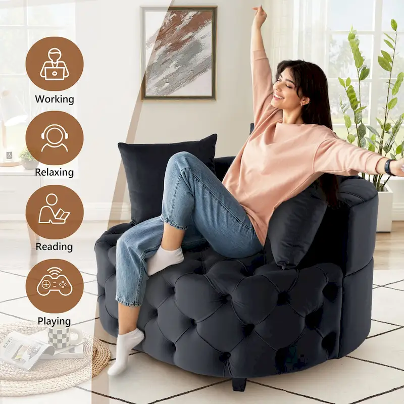 Velvet Modern Leisure Big Classical Barrel Chair with 2 Pillows