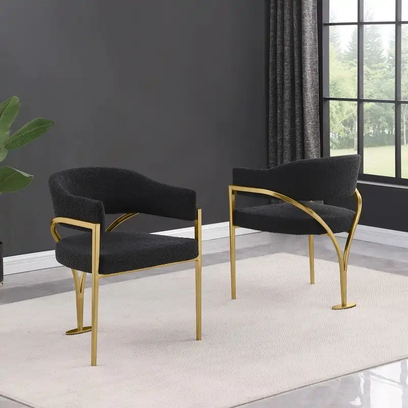 Black & Gold Button-Tufted Boucle Dining Chair, Set of 2