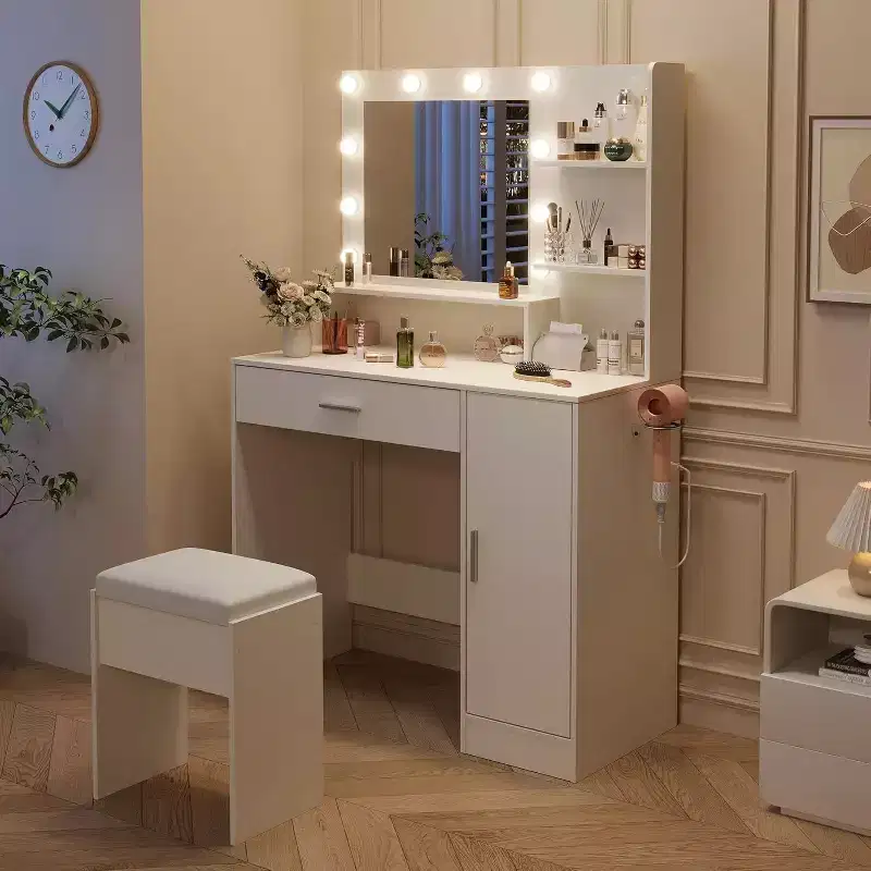 Vanity Table Set with PU Cushioned Stool, 35.4 Makeup Vanity Desk with Large Drawer & Cabinet & Hairdryer Rack, Modern Bedroom Dressing Table Set