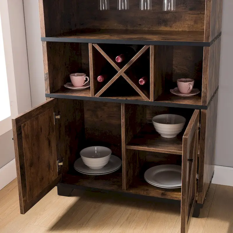 Farmhouse Wine Cabinet Buffet with Stemware Rack & 6 Shelves