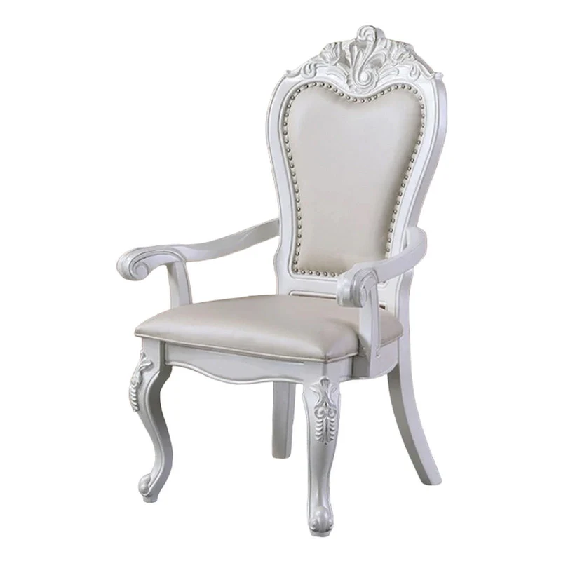 Dining Armchair Set of 2, Carved Cabriole, Faux Leather, White Wood