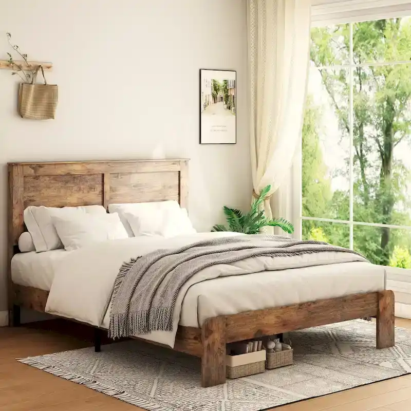 Dark Brown Industrial Style Queen Platform Bed Frame, 1-Person