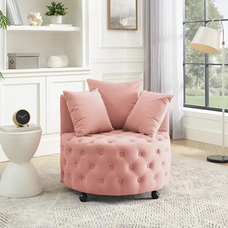 Living Room Velvet Swivel Chair with Button Tufted Design, 3 Pillows & Movable Wheels