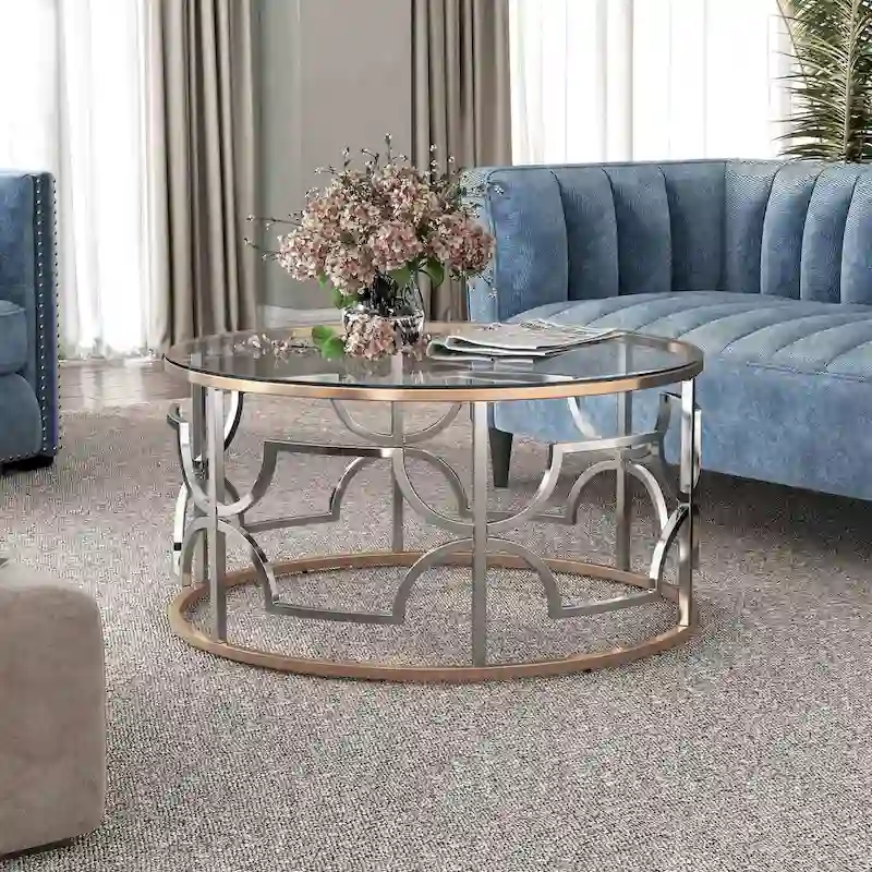 Ders Glam Chrome and Gold Plating Tempered Glass Top 3-Piece Coffee Table Set by Furniture of America