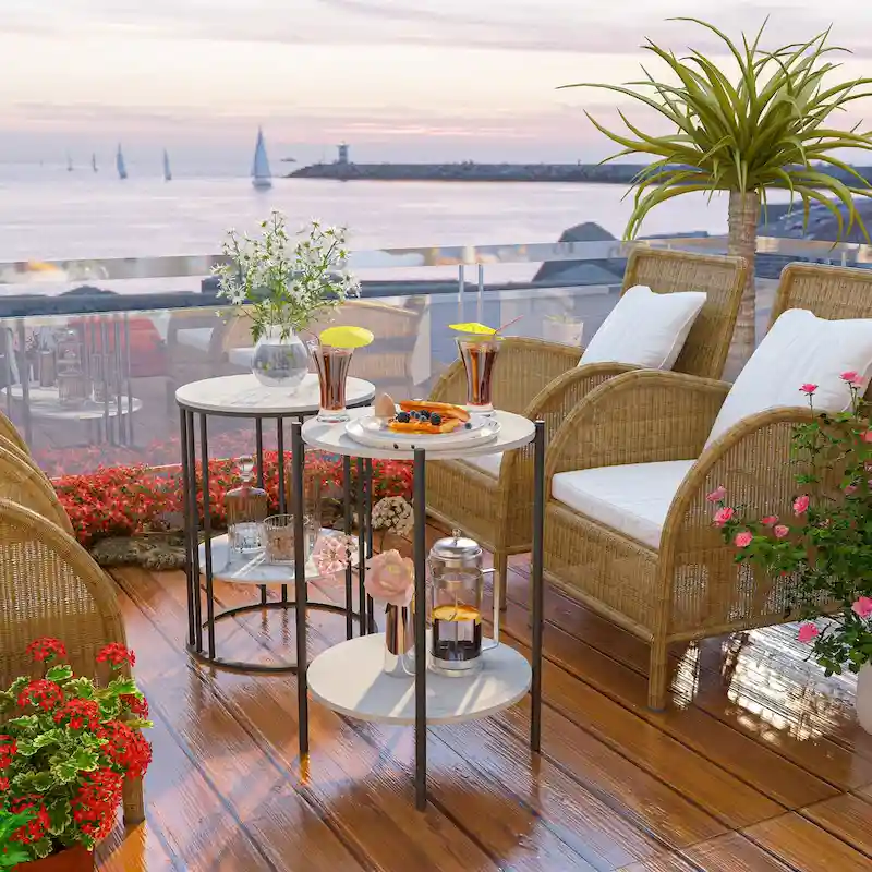 2-Tier Round Marble Side Table with Black Metal Frame