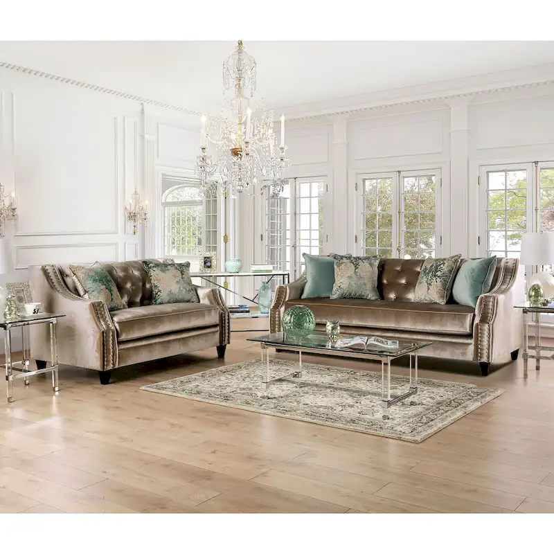Champagne / Silver Chenille Sloped Arms 2-Piece Sofa & Loveseat Set, 2-Person