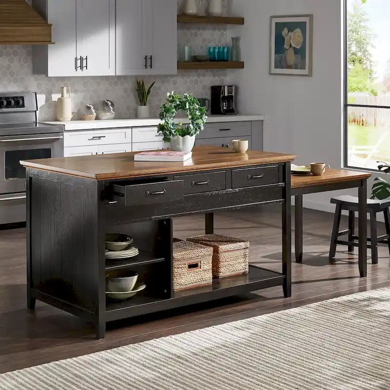 Eleanor Two-Tone Antique Finish Extendable Kitchen Island with 3 Drawers by iNSPIRE Q Classic