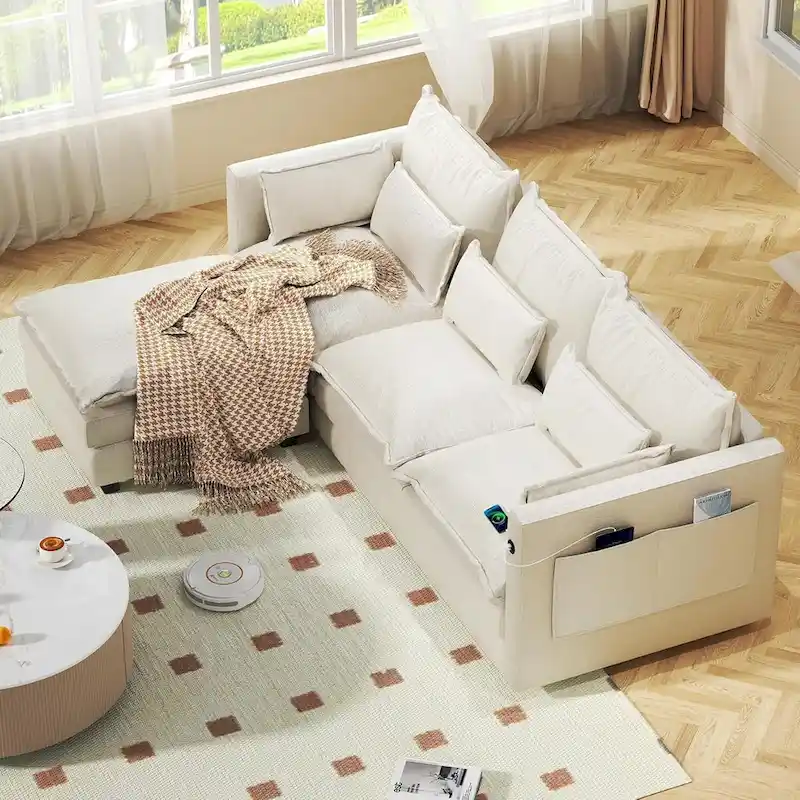 Modular Sectional Sofa L Shaped Couch, 3/4 Seat Sofa Set with Ottoman, Chenille Fabric