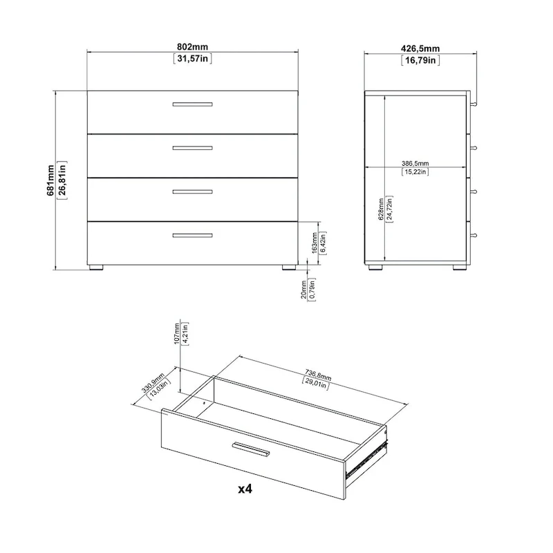 White / Oak / Truffle / Walnut / Woodgrain 4-Drawer Chest – 2-Person Assembly