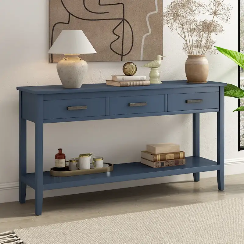 Navy Blue / Gray / Black Minimalist Console Table with Drawer and Open Shelf – 59 in
