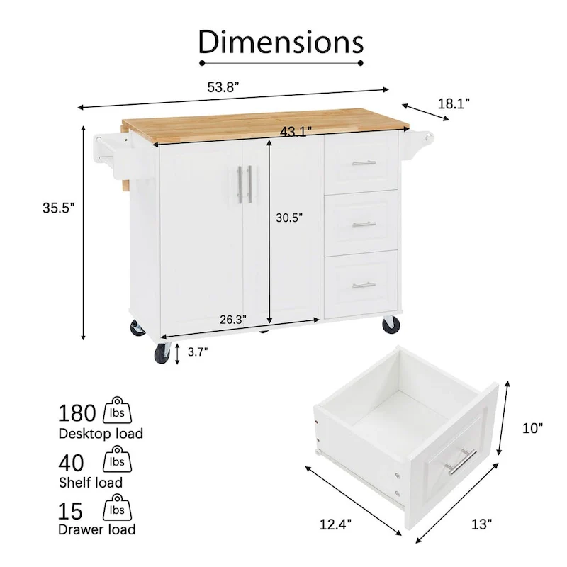 Kitchen Island with Drop Leaf Countertop and Rolling Cart