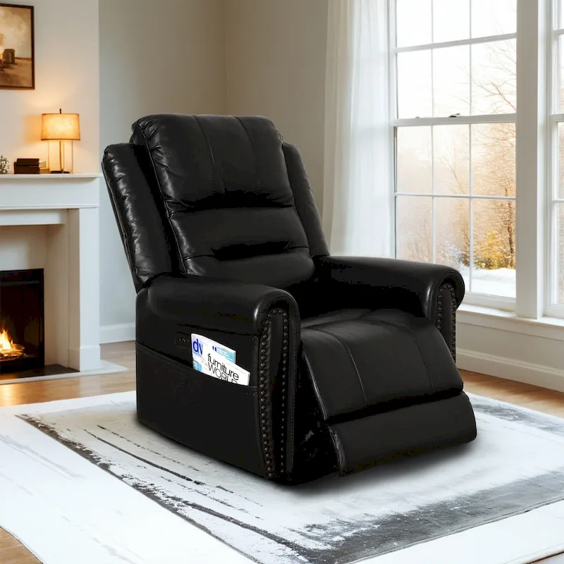 Genuine Leather Black Power Recliner Sofa, Loveseat, Recliner With Adjustable Headrest and Extendable Footrest