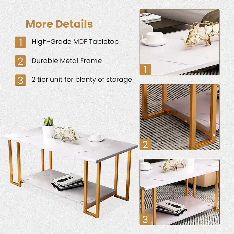 Mieres 39 Wide 2-Tier Faux Marble Top Coffee Table with Steel Frame