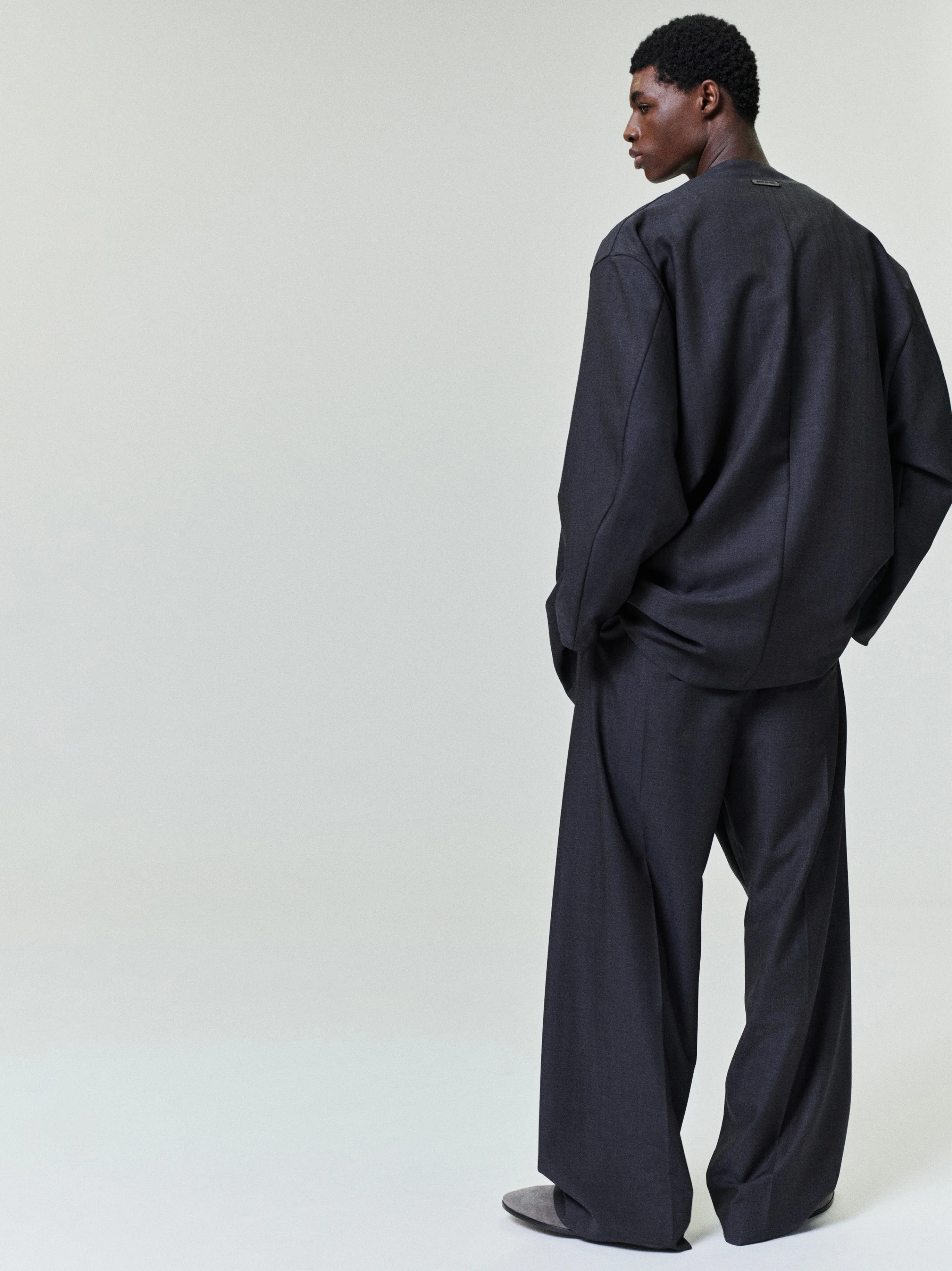 Grey Striped Wool Wide Leg Drawstring Pants