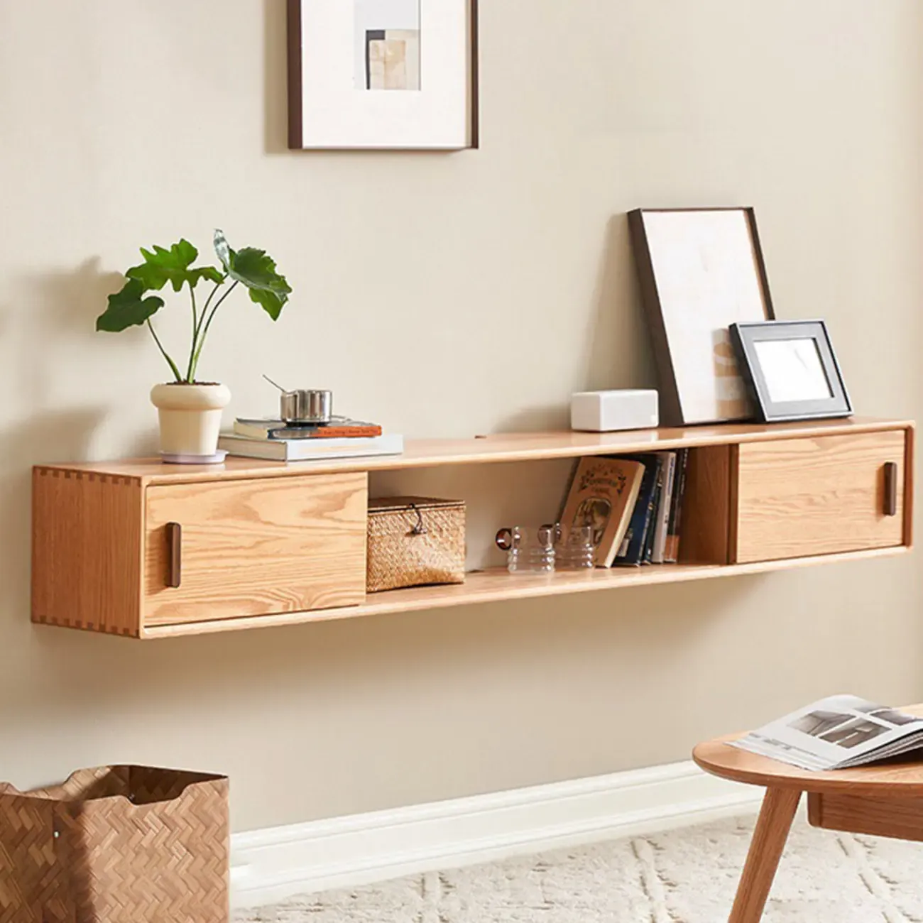 Natural Wood Wall Mount TV Stand Entertainment Center