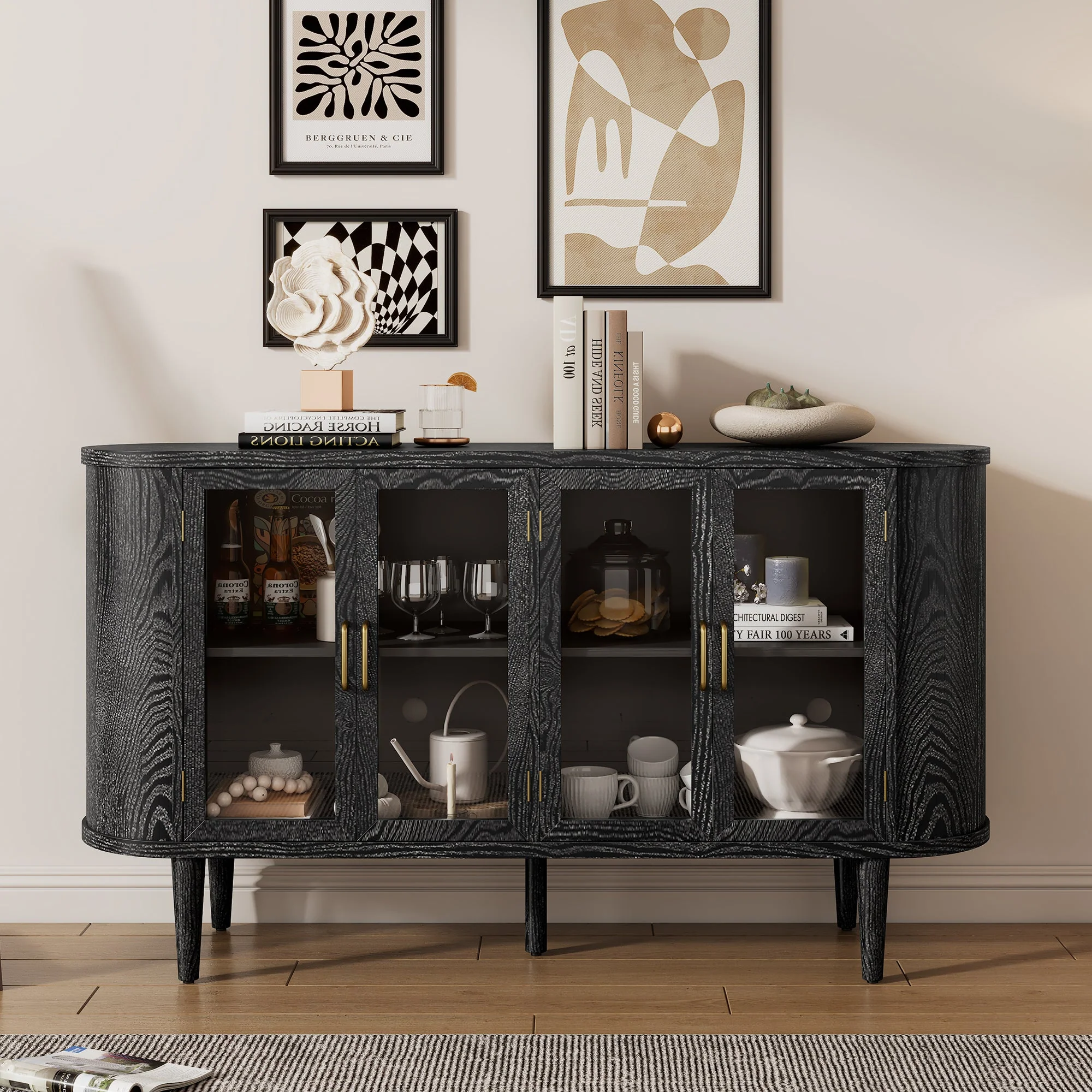 Modern Curve Buffet Sideboard Cabinet with Storage and Glass Doors