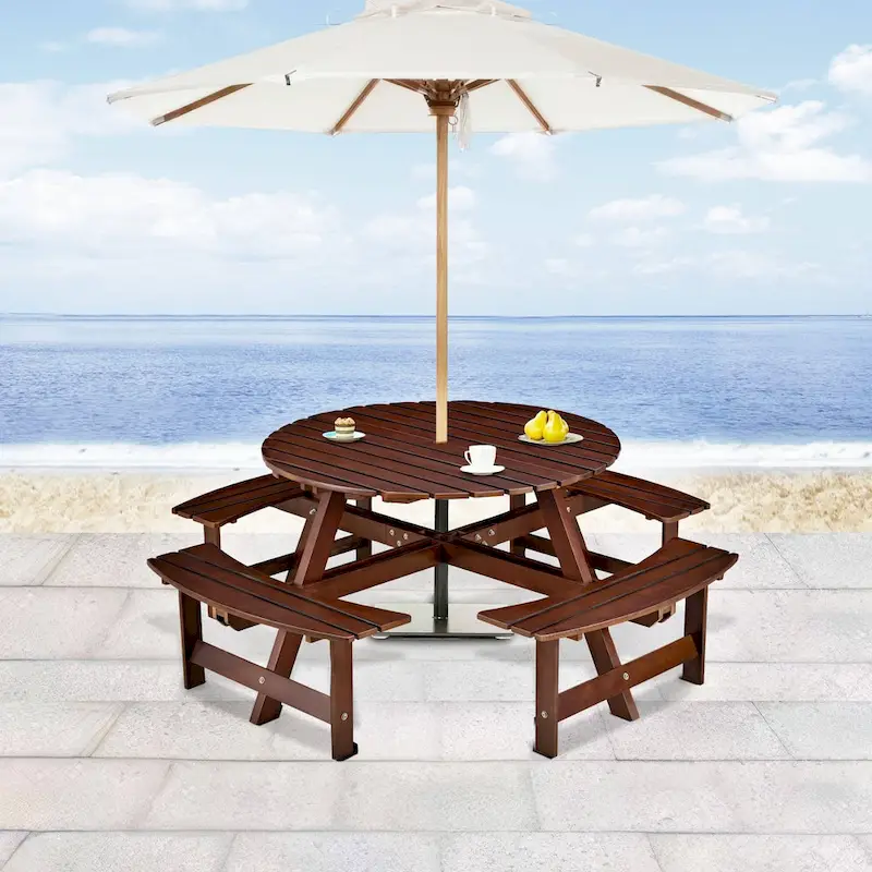 8-Person Round Outdoor Picnic Table with 4 Double Benches