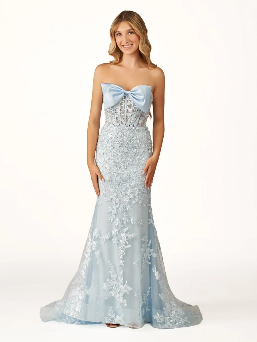 Strapless Mermaid Lace Appliques Long Prom Dress with Bow
