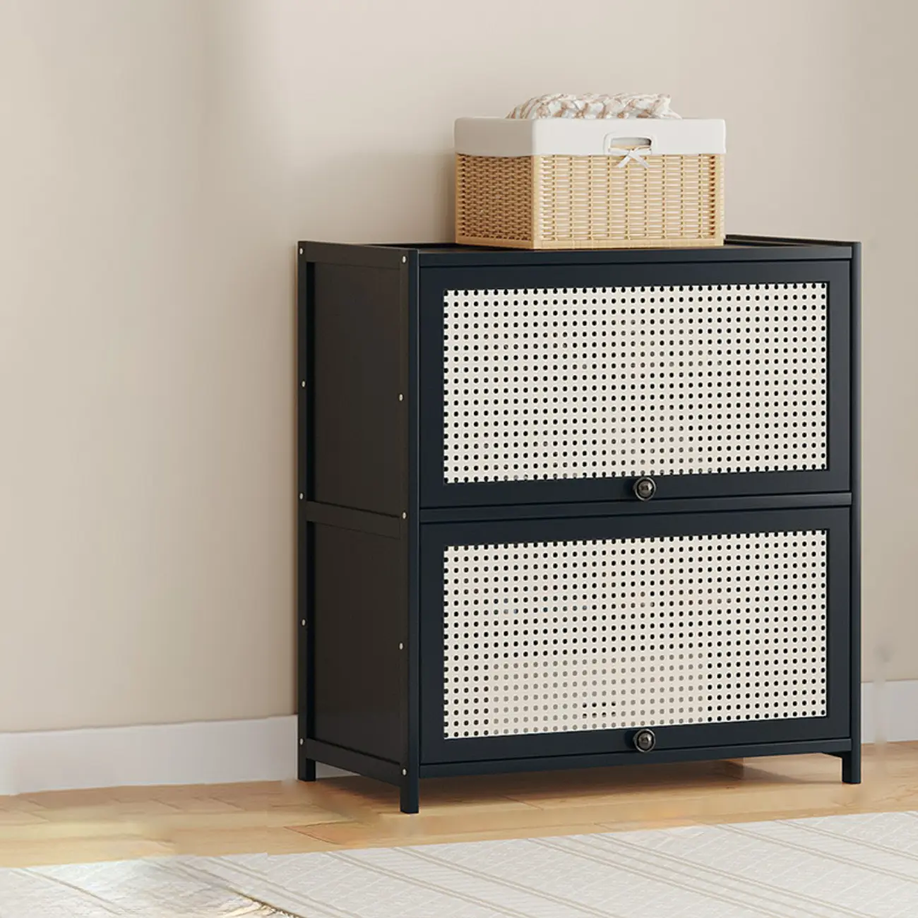 Modern Black Bamboo Shoe Cabinet with Rattan Panels