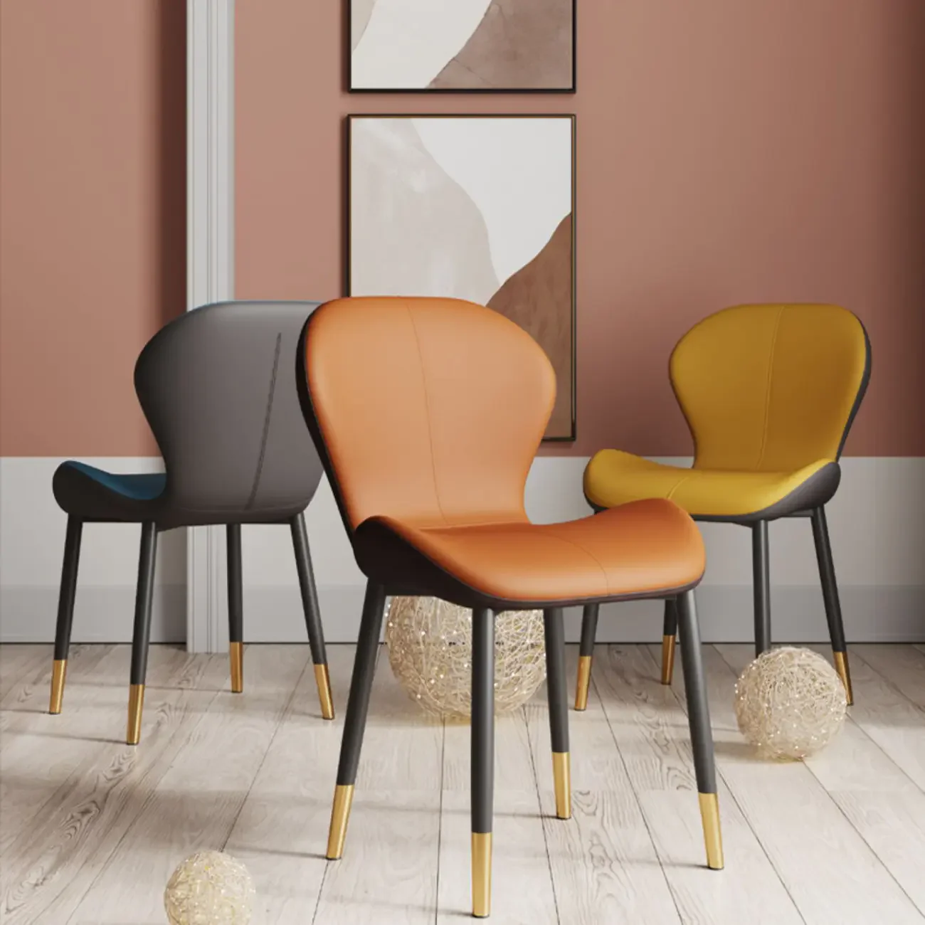 Art Deco Curved Back Leather Dining Chair Solid Back