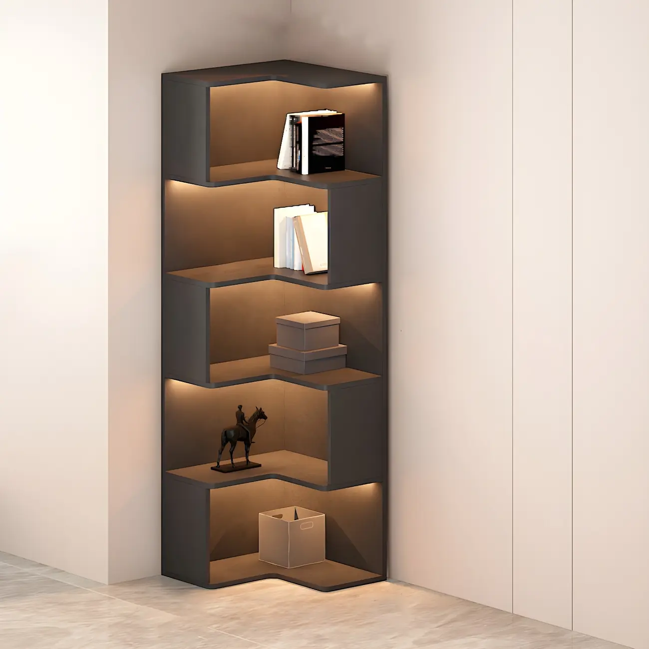 Black-White Wooden Open Corner Display Cabinet with Light