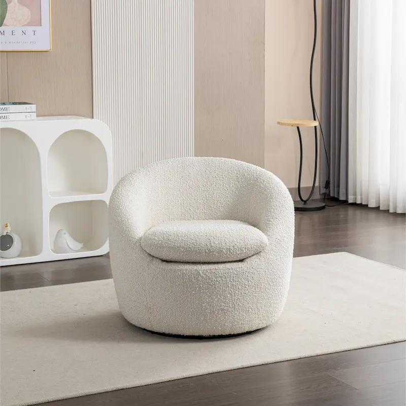 Round Barrel Accent Chair with 360° Swivel Base – Boucle Fabric