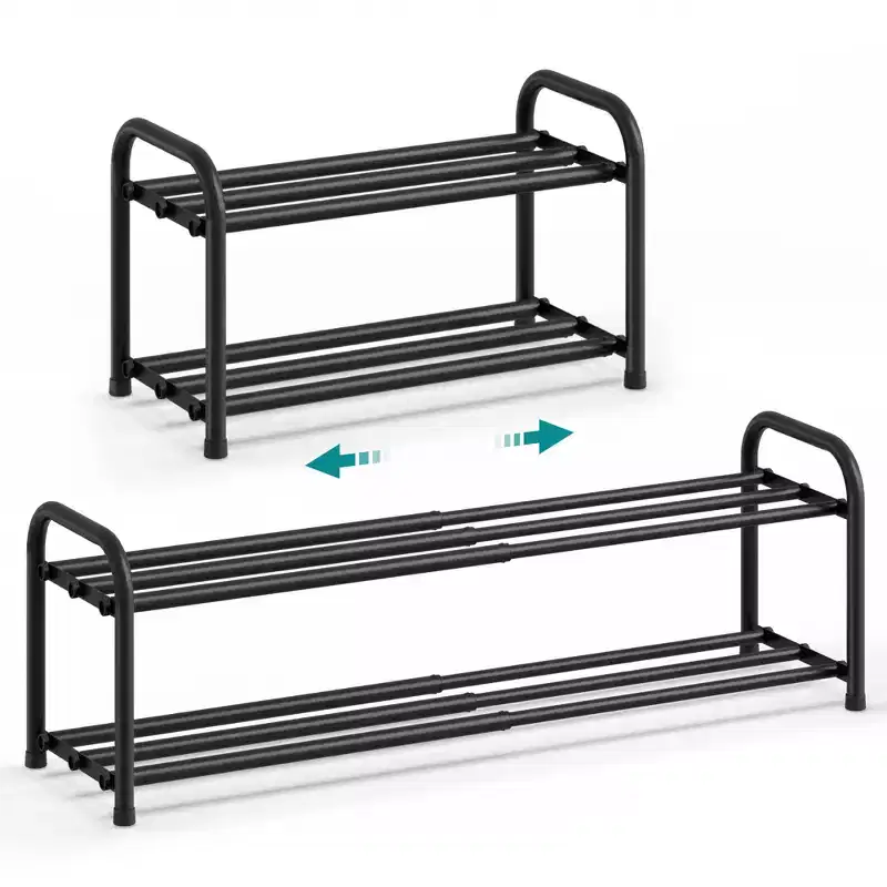 SONGMICS Expandable Shoe Rack, Adjustable Shoe Organizer Storage Shelf, Sturdy and Heavy-Duty, for Closet, Entryway, Living Room, 2-Tier, Ink Black