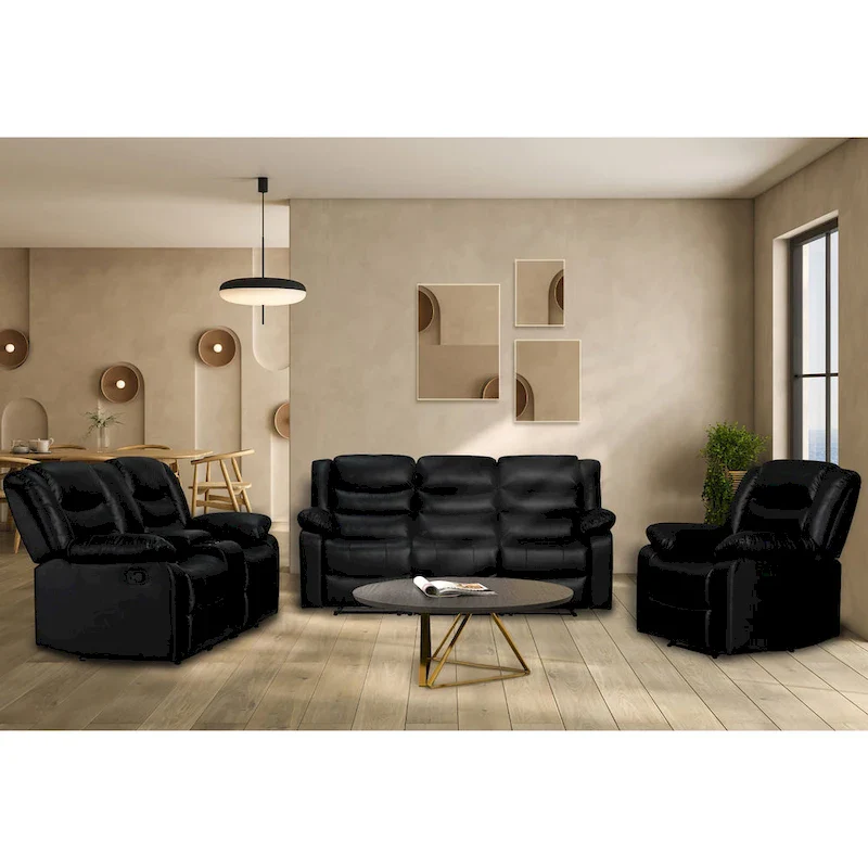 Faux Leather Manual Reclining Living Room Sofa with Dropdown Table and Console