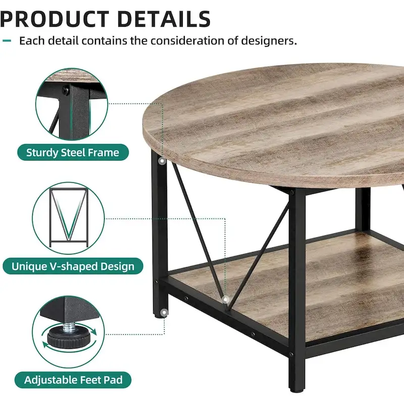 Moasis Industrial 2-Tier Round Coffee Table with Shelf