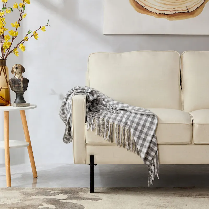 Snowhill 57W Modern Linen Loveseat, 2-Seater, Matte Black Metal Legs