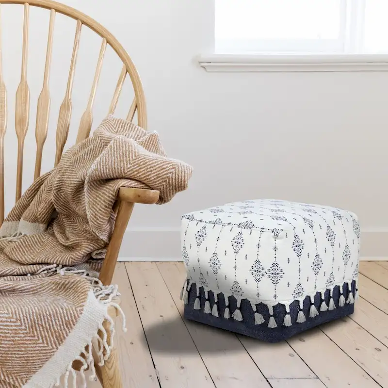 Navy & White Ornamental Square Pouf Ottoman — 1 Seat
