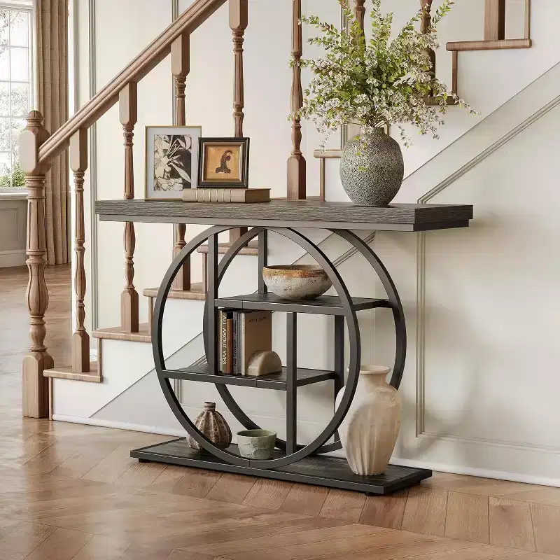 Lantine 41.3-Inch Industrial Console Table, 4-Tier Sofa Table with Circle Base and Storage for Living Room, Hallway, Foyer