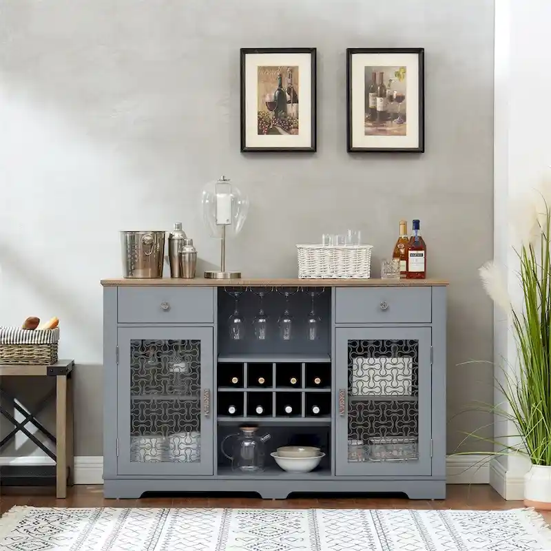 Light Blue & Oak Buffet Cabinet with Glass Doors, 2 Drawers, for 1