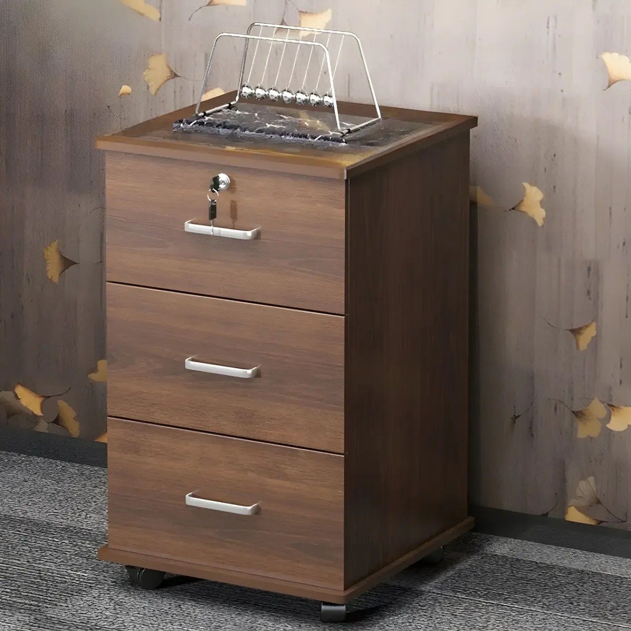 Lokable Brown-White Wood 3 Drawers Mobile Filing Cabinet
