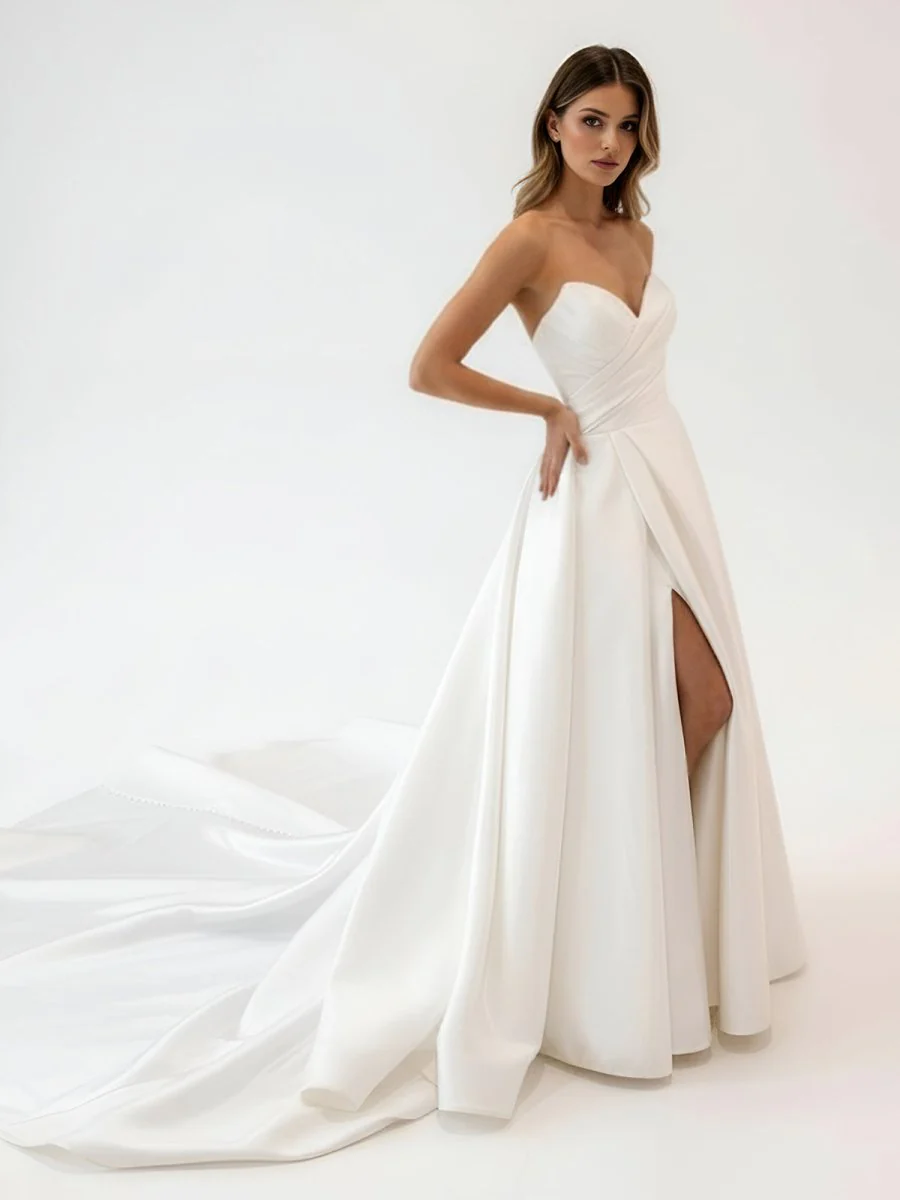 White Satin Long A-Line Wedding Dress with Slit