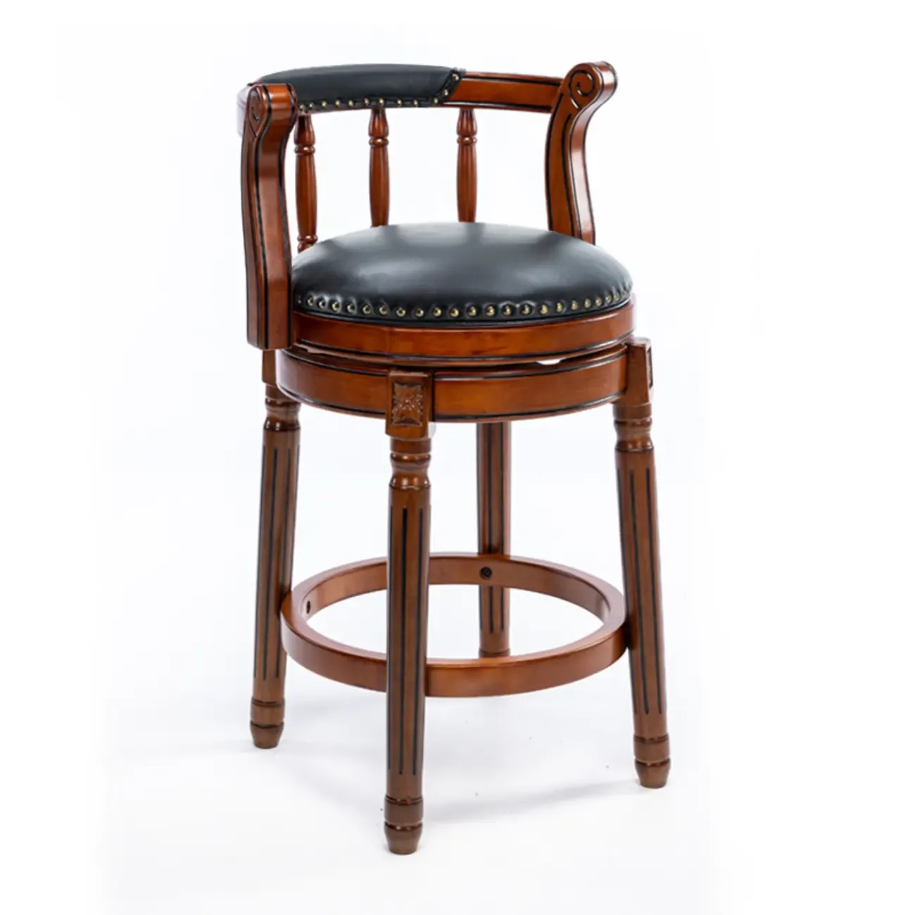 Swivel Counter Height Bar Stools in Genuine Leather & Walnut Solid Wood