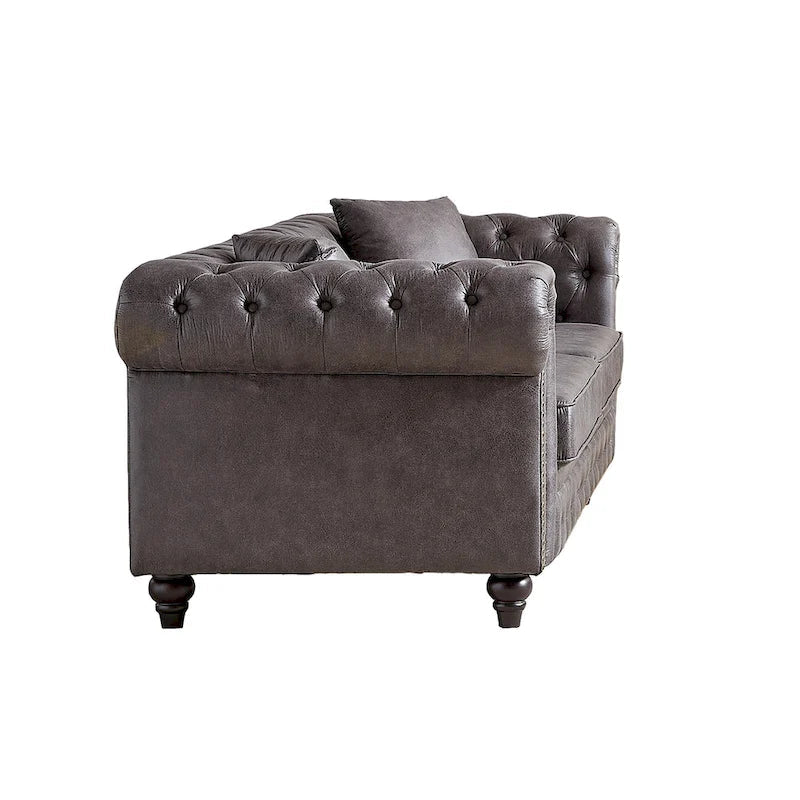 Gray Tufted Sofa with Rolled Arms - 3 Seater